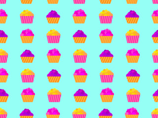 Cupcake seamless pattern. Multi Colored cupcakes, sweet pastries. Festive cupcake in flat style. Design of promotional products, wrapping paper and printing. Vector illustration