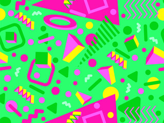 Geometric seamless pattern with memphis elements in 80s style. Colorful geometric 3d shapes. Design of promotional products, wrapping paper and printing. Vector illustration