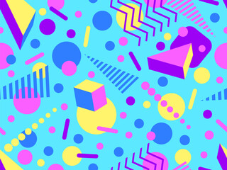 Memphis seamless pattern with 3d geometric shapes in 80s style. Colorful geometric pattern. Design of promotional products, wrapping paper and printing. Vector illustration