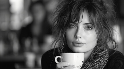 An artistic black and white photograph showcasing a woman's contemplative gaze as she cradles a coffee cup in a dimly lit café, creating a mood of introspection and quiet elegance.