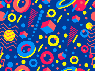 Geometric seamless pattern with memphis elements in 80s style. Colorful geometric 3d shapes. Design of promotional products, wrapping paper and printing. Vector illustration