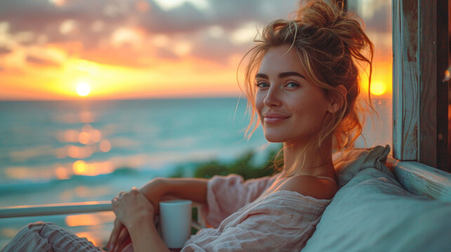 A coastal retreat with a woman seated on a porch overlooking the ocean, cup of coffee in hand, capturing the serenity of a sunrise and the rhythmic sound of waves in the background