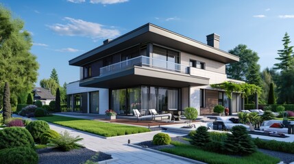 Modern two-storey house with a flat lawn in the yard