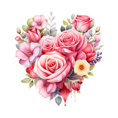 heart shaped red and pink roses watercolor illustration