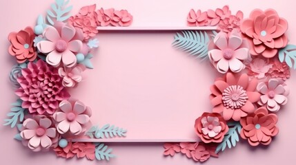 Abstract paper cut flowers. Spring concept. Frame template for decoration, invitation, greeting card.