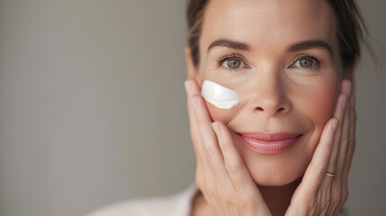 woman with cream swoosh on her cheek 