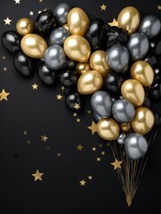 Black and gold foil balloons. Festive heart shaped air balloon composition with sparkling glitter. Birthday party decoration elements.