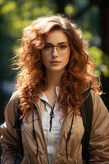 Naklejka premium A student girl with a backpack and glasses in a spring park