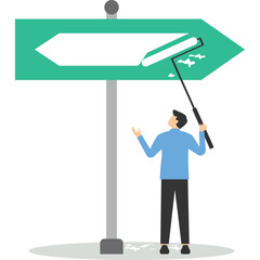 businessman paints arrows anticlockwise on arrowheads. opposite direction, conflict or reverse direction, career path concept, hesitating business decision to turn into a better opportunity.

