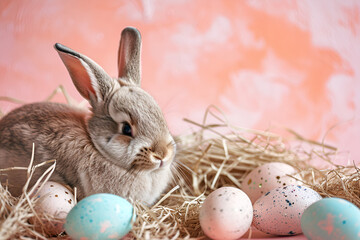 Fototapeta na wymiar Easter bunny and eggs in nest on peachy background