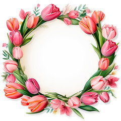 Round frame with pink tulips and green leaves