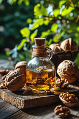 Obraz na płótnie Canvas Walnut oil stands in a glass bottle on a wooden table with walnuts on a background of greenery