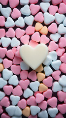 Fototapeta premium White heart and colorful heart-shaped candy on a pink background.