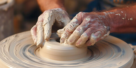 Um close-up das mãos de um oleiro cobertas de argila, habilmente moldando uma escultura de argila em uma roda de oleiro