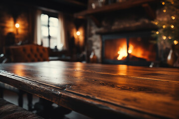 Empty Retro wood table with a fireplace in the background - obrazy, fototapety, plakaty