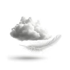 Dreamland: floating clouds and feather isolated on white background, minimalism, png
