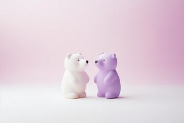 Two white and purple cartoon bears on a soft purple background. 3D rendering of a couple of toy bears. Concept of love, Valentine's Day, Birthday, wedding. For banner, poster, card, postcard