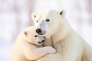 A mother polar bear and her cub. Photo of cute bears couple. Concept of love, Mother's Day, motherhood, fatherhood, parenting and wildlife conservation and protection