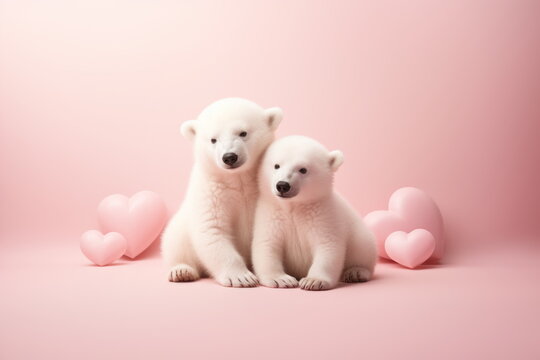 Two cute small polar bear cubs sitting in front of pink 3d hearts on a solid soft pink background. Little bears couple photo. Concept of love, Valentine's Day. For banner, poster, card, postcard