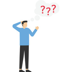 thoughtful businessman sitting like a thinker on a thought bubble. Think solution, focus on new ideas, concentration or contemplation, skeptical or rational concept, think critically to solve problems