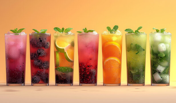 Variety of Drinks Displayed in a Neat Row of Glasses. A diverse assortment of beverages elegantly presented in a single row of glasses.