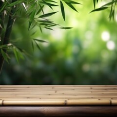 Empty board or table top and blurred green bamboo culms. Place for your product display. Generative Ai