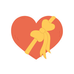 Cute doodle heart with tied gift bow. Love symbol isolated on white background. Valentines Day February 14 element for greeting cards. Vector flat illustration