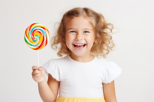 Child holding colorful lollipop in hand on white background