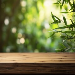Empty board or table top and blurred green bamboo culms. Place for your product display. Generative Ai
