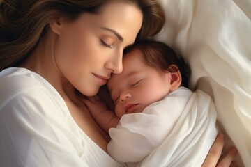 Young mother and her newborn baby sleeping on the bed