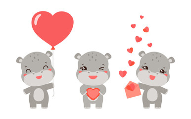 Cute valentine animal vector illustration. Kawaii hippopotamus holding heart shape balloon, cake, envelope paper hearts. Cartoon seahorse hippo character. Love mascot for valentine day greeting. © Cute Design