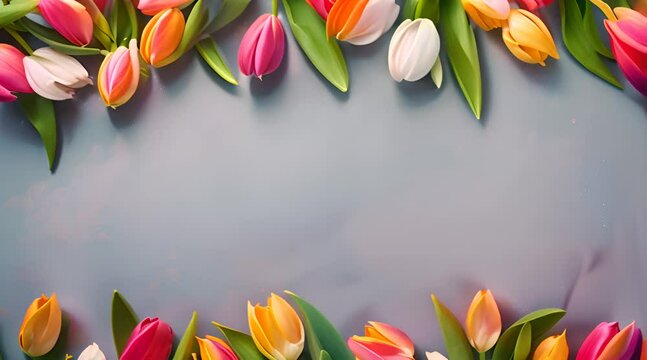 Blooming pink tulips flowerbed on background. Spring holidays concept AI
