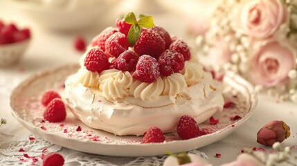 Food photography, raspberry rose lychee pavlova, with a gentle rose petal drop, on a luxurious vintage lace tablecloth - obrazy, fototapety, plakaty
