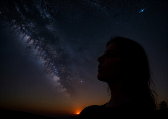 Close-up silhouette of a girl's face against the background of the night sky and the milky way. Generative AI