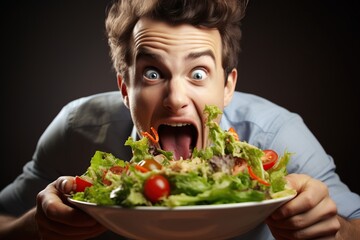 Beautiful man eating healthy salad on dark background