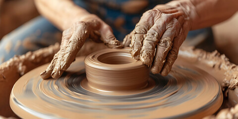 Um close-up das mãos de um oleiro moldando delicadamente um vaso de argila em uma roda de oleiro, destacando a natureza tátil da cerâmica. - obrazy, fototapety, plakaty