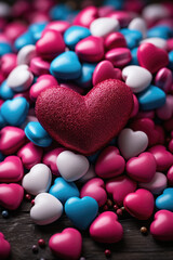Colorful heart shape candies on wooden background, valentines day concept.