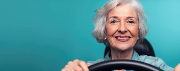 Portrait of lovely senior lady hold steering wheel driving lesson on color background - obrazy, fototapety, plakaty