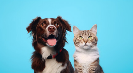 Fototapeta premium Dog and cat best friends on a coloured background