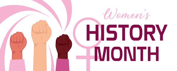 Banner for Women History Month with raised female hands
