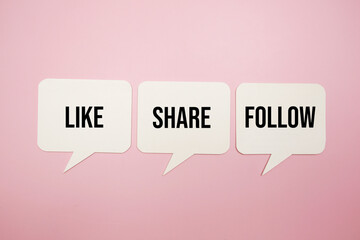 Like Share Follow text message with Speech bubble, Social media marketing concept background