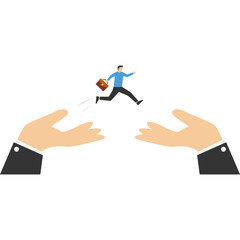 confident businessman jumping from giant hands to new place. Changing jobs or careers, getting out of toxic positions, the concept of improvement, determination and courage to change to a better place