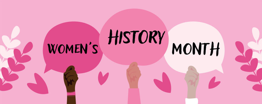 Banner for Women History Month with raised female hands - Powered by Adobe