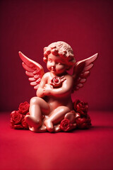 Fototapeta premium Ceramic cupid holding a flower. Cute small angel with roses