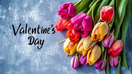 A fascinating bouquet of colorful and live tulips on a single background. The idea of a Valentine's Day holiday.