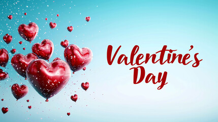 Top view of the background with red and pink hearts on a blue background and the inscription Valentine's Day.