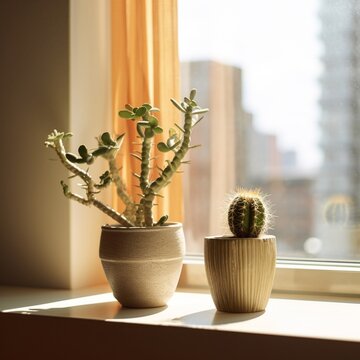 Beautiful green cactus plant pot on the table near window picture