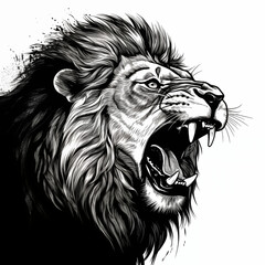 Close head of an aggressive lion ready to attack and roaring wild animal in monochrome style nature king of the jungle feral beast generative ai