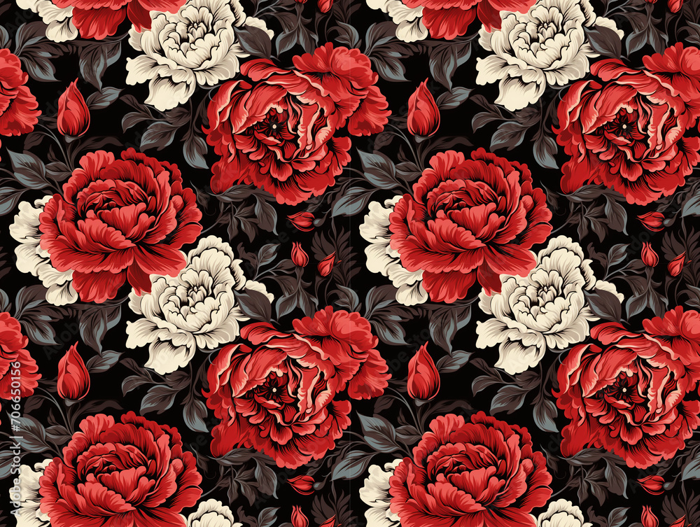 Poster bright and lush white red roses. stylish and seamless pattern consisting of realistic roses.