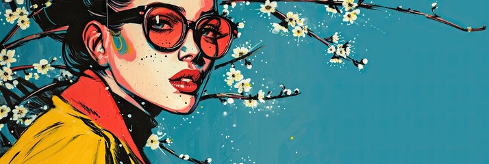 Beautiful 90s Woman Upper Body Spring Vintage Comic Style Poster Background - 1990s Girl Cartoon Spring Wallpaper created with Generative AI Technology